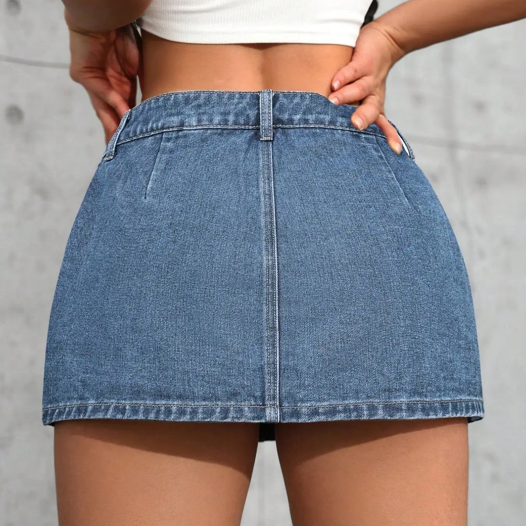 The Elara Y2K A-Line Stretch Denim Button Skirt