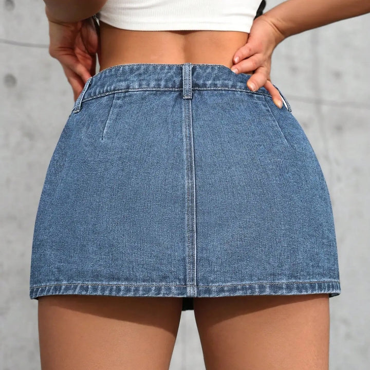 The Elara Y2K A-Line Stretch Denim Button Skirt