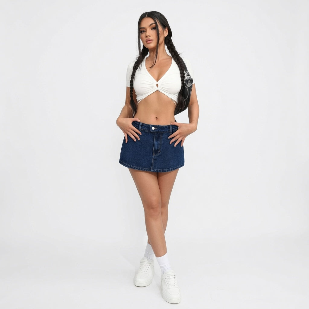 The Elara Y2K A-Line Stretch Denim Button Skirt