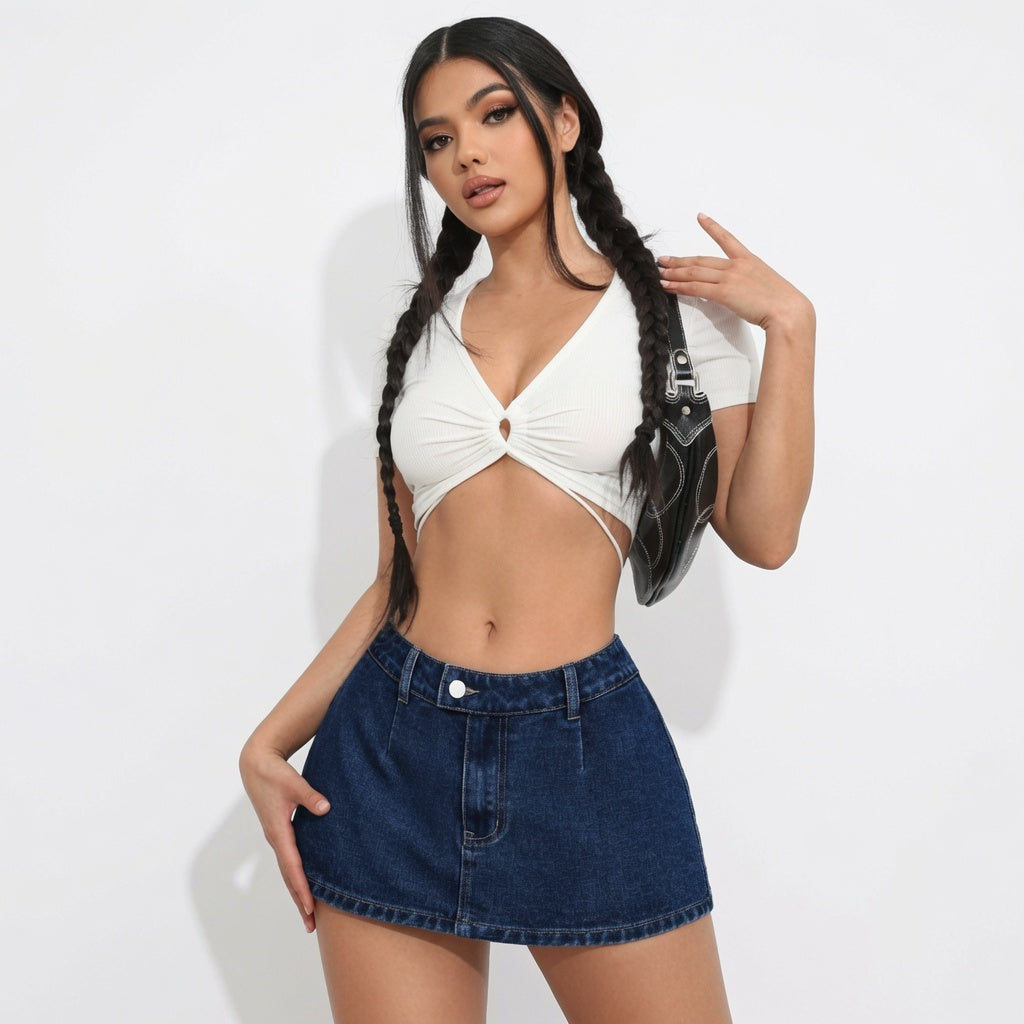 The Elara Y2K A-Line Stretch Denim Button Skirt