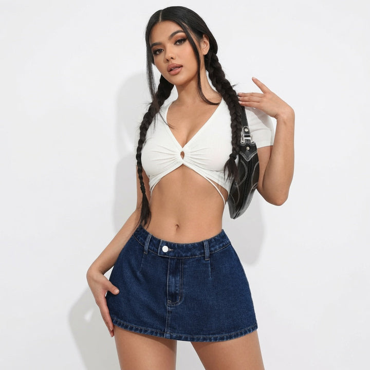 The Elara Y2K A-Line Stretch Denim Button Skirt