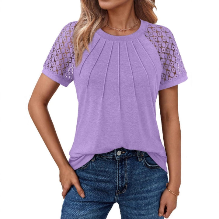 Round-neck top with lace sleeves