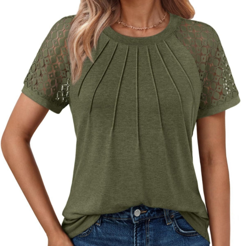 Round-neck top with lace sleeves